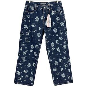 Cali 1850 Women's Wide Leg Mid Rise Western Print Blue Denim Jean Size 11/30 NWT